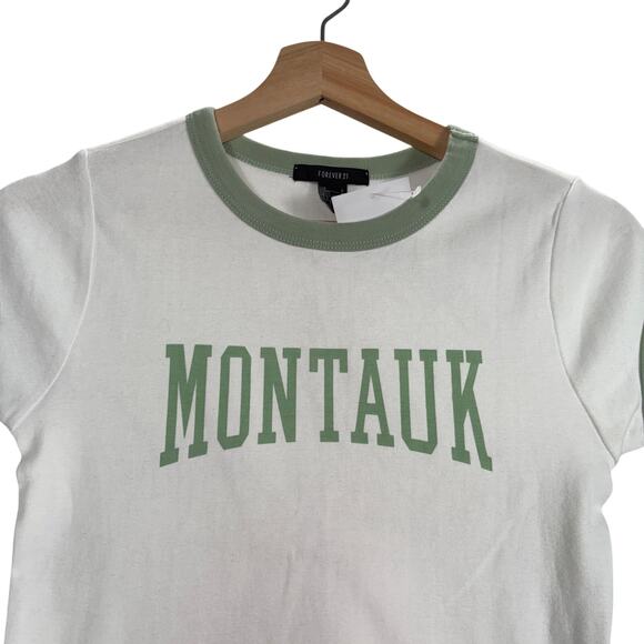 Forever 21 Montauk Ringer T-Shirt Crop Top White Green Short Sleeve Womens S - Picture 3 of 10